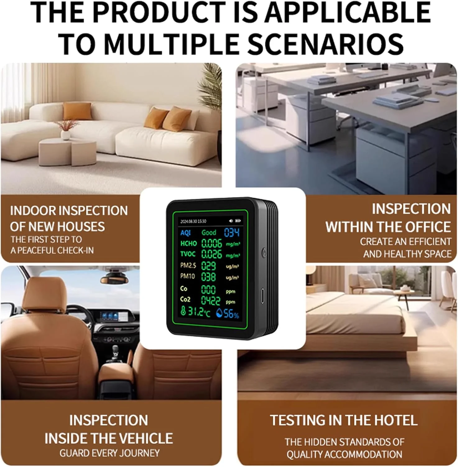 تستر کیفیت Eujgoov مدل ZN MT14، آشکارساز CO2 HCHO TVOC PM2.5 PM10 با صفحه نمایش TFT و عملکرد منحنی برای دقت آزمایشگاهی ایمنی خانه (مشکی)