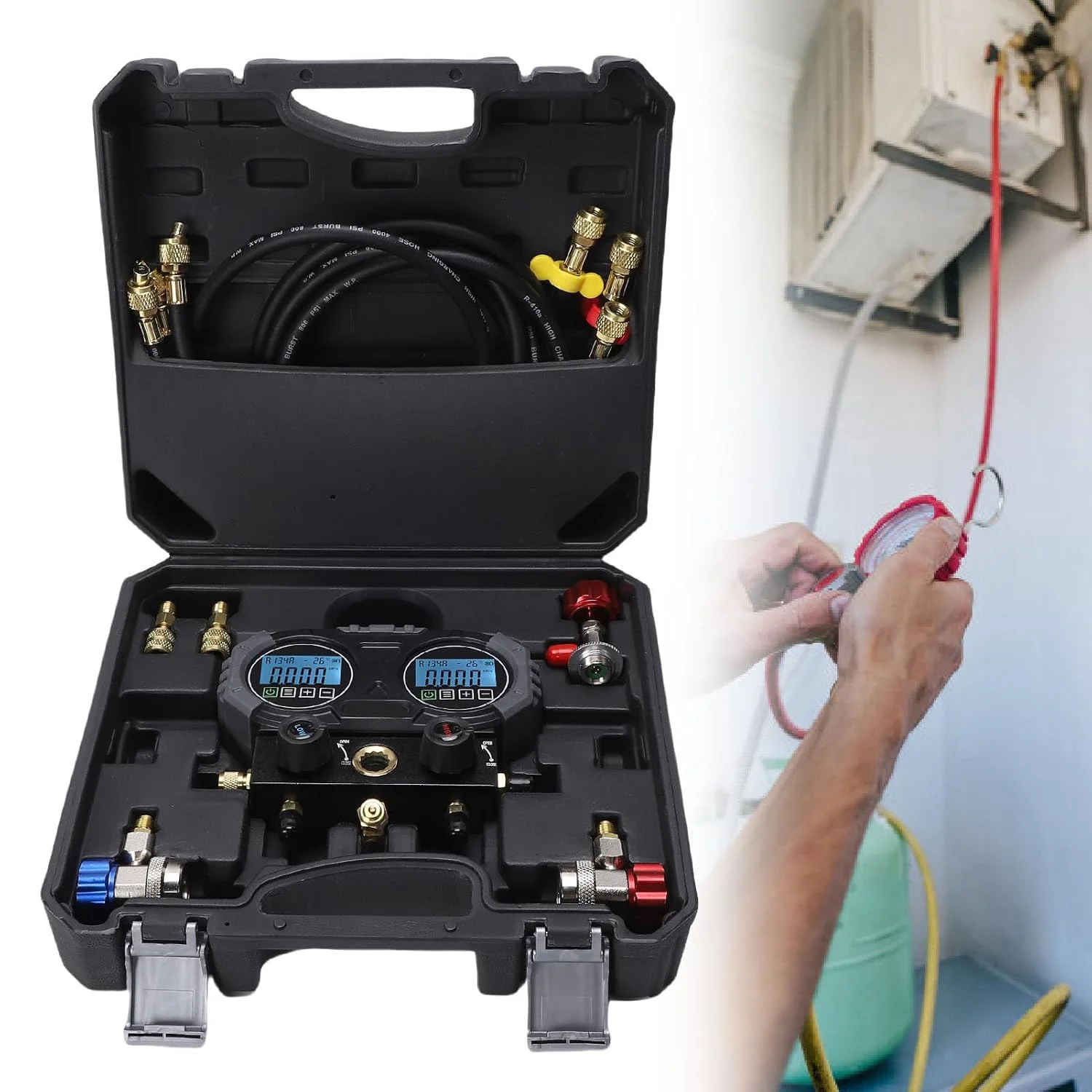 مجموعه گیج منیفولد HVAC دیجیتال Eujgoov مدل MG-E301-02، کیت خودرو گیج های منیفولد AC دیجیتال با 0-6000 Kpa برای مبرد HVAC