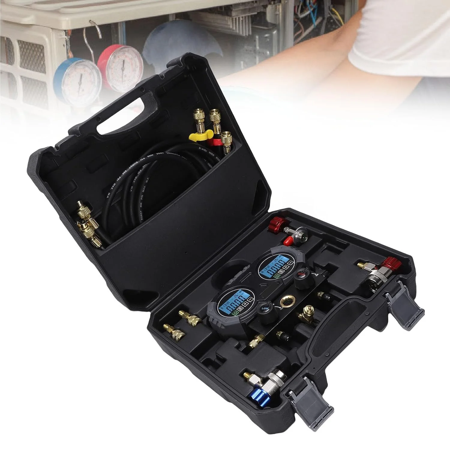 مجموعه گیج منیفولد HVAC دیجیتال Eujgoov مدل MG-E301-02، کیت خودرو گیج های منیفولد AC دیجیتال با 0-6000 Kpa برای مبرد HVAC