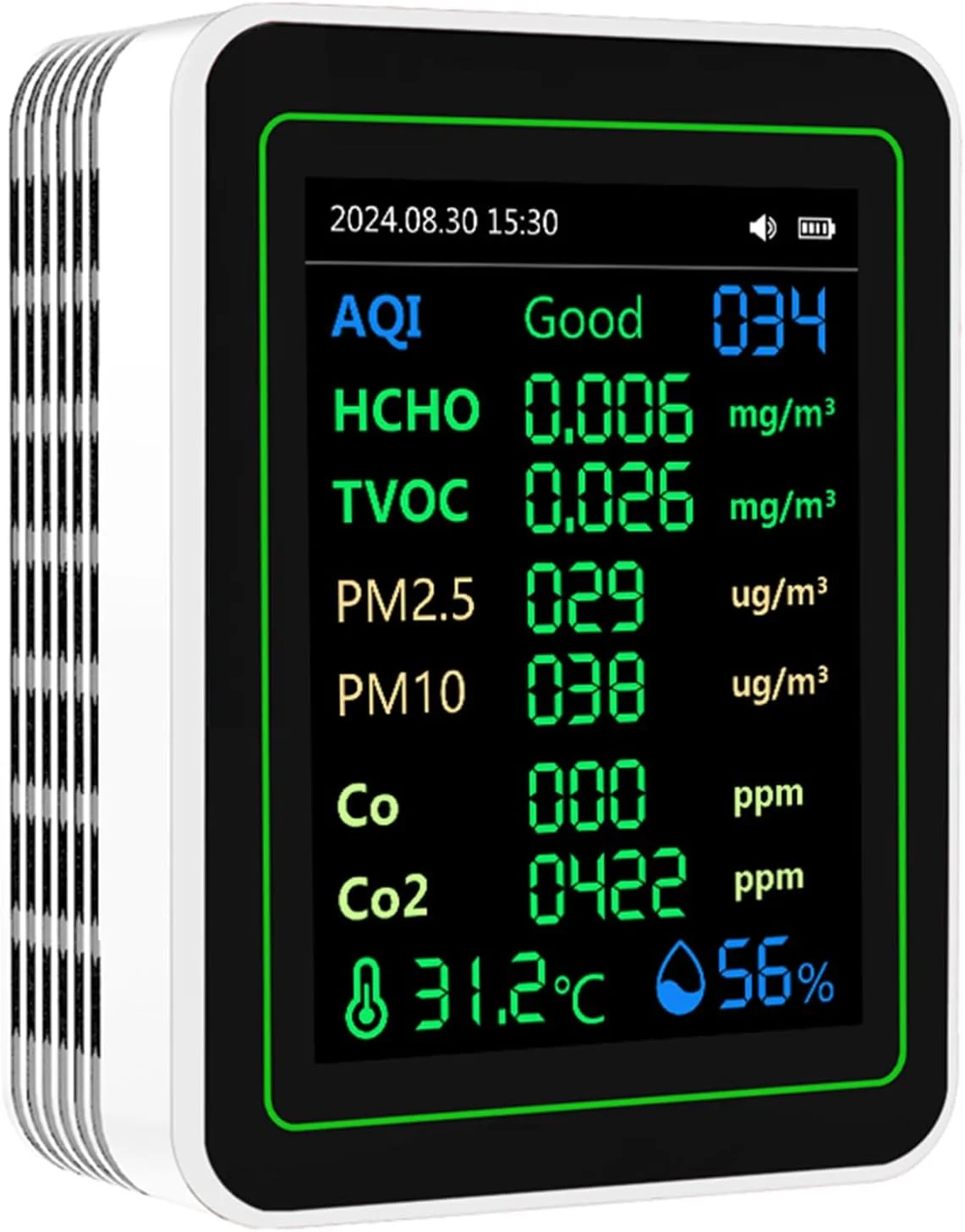 دستگاه تشخیص کیفیت هوا Eujgoov CO2، HCHO، TVOC PM2.5 PM10 با صفحه نمایش TFT، سنسور نیمه هادی، سنسور مادون قرمز، باتری لیتیومی 2000mAh (سفید)