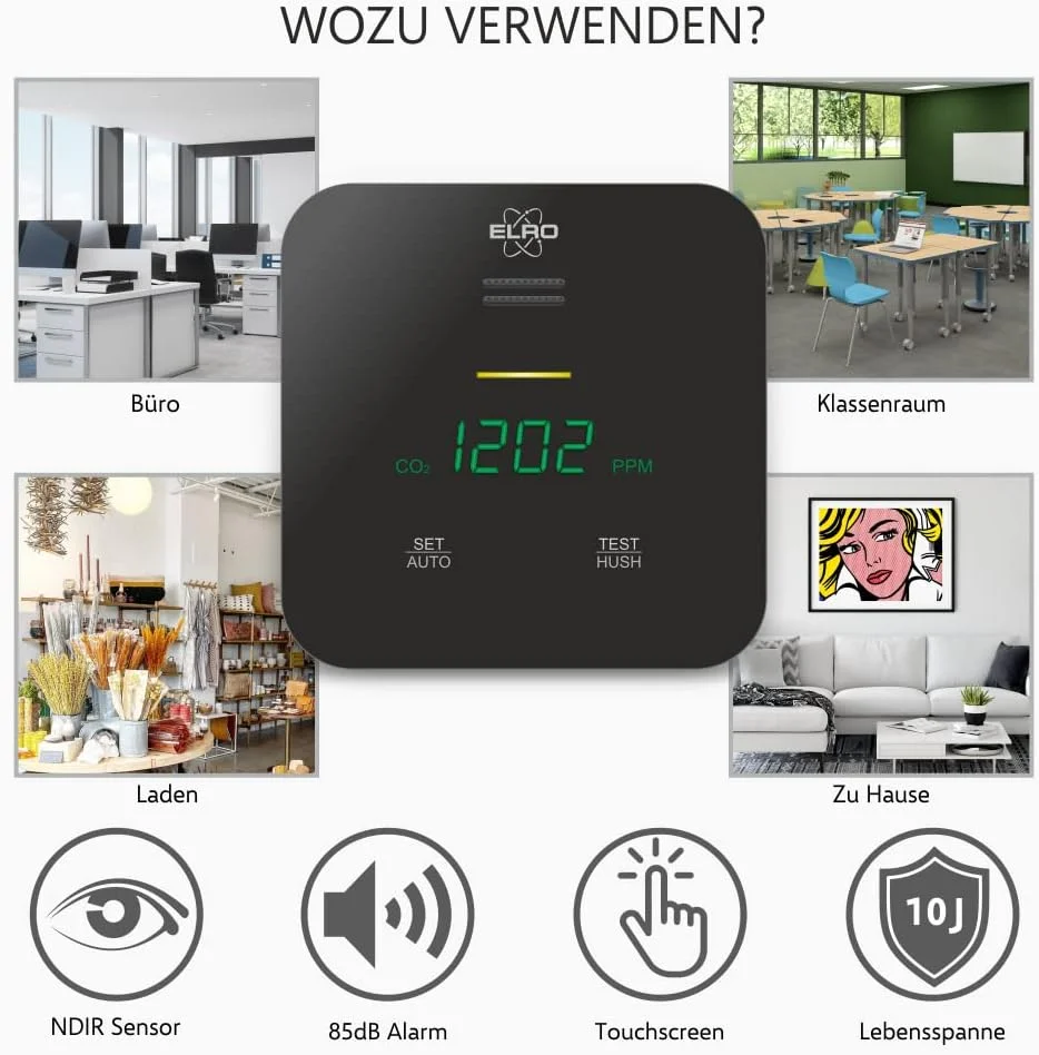 دستگاه سنجش دی اکسید کربن ELRO FCO2400 - دستگاه سنجش کیفیت هوا با سنسور NDIR برای CO2، دما و رطوبت - با قابلیت خود کالیبراسیون