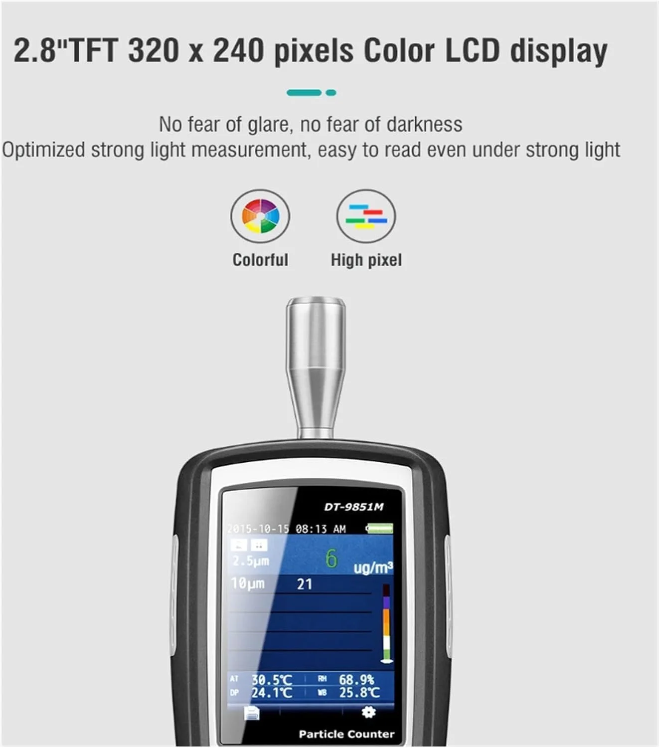 دستگاه سنجش کیفیت هوا DT-9850M حرفه ای قابل حمل، شمارنده ذرات PM0.3، PM2.5، PM10um، مناسب برای اتاق تمیز و سلامت