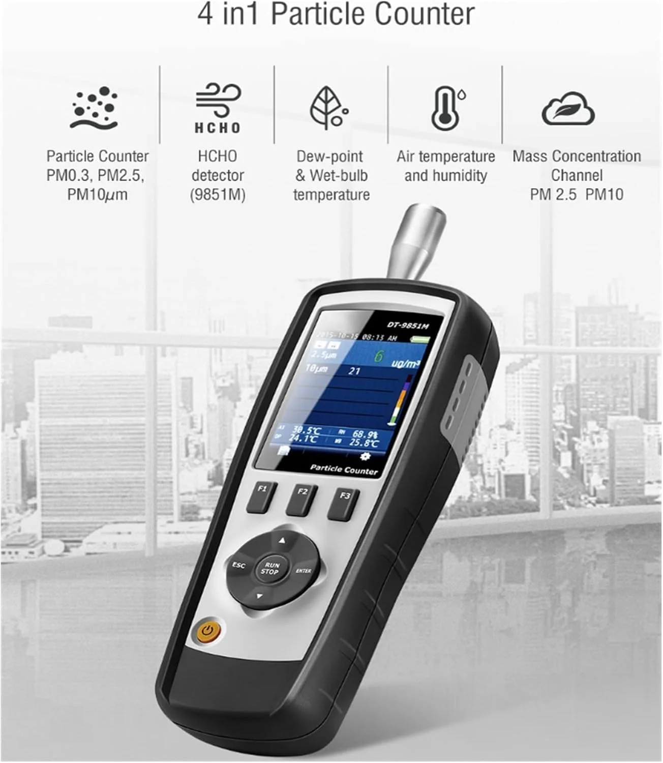 دستگاه سنجش کیفیت هوا DT-9850M حرفه ای قابل حمل، شمارنده ذرات PM0.3، PM2.5، PM10um، مناسب برای اتاق تمیز و سلامت