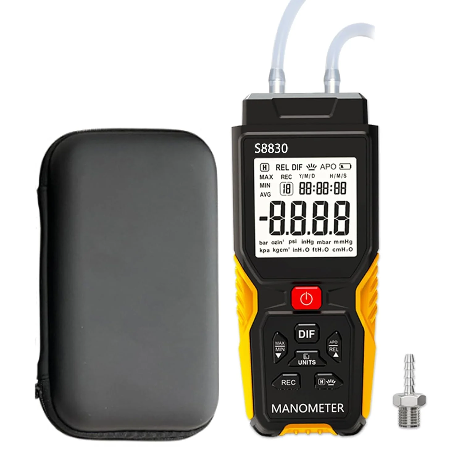 مانومتر دو پورت با جعبه نگهداری، 36.8kPa/147.7inH2O فشارسنج هوا، مانومتر دیجیتال HVAC تستر فشار گاز، 12 واحد قابل انتخاب، فشار مثبت/منفی/گیج فشار دیفرانسیل