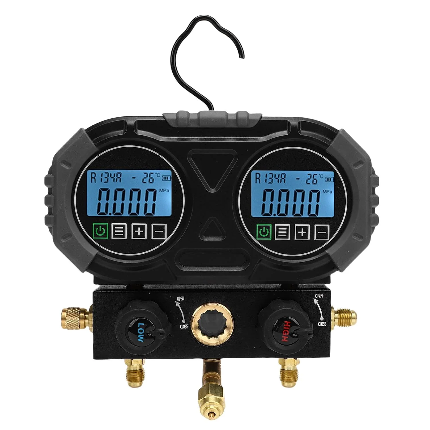 گیج فشار دیجیتال منیفولد HVAC Eujgoov با کلمپ های دما، شیلنگ های دوتایی و خلاء
