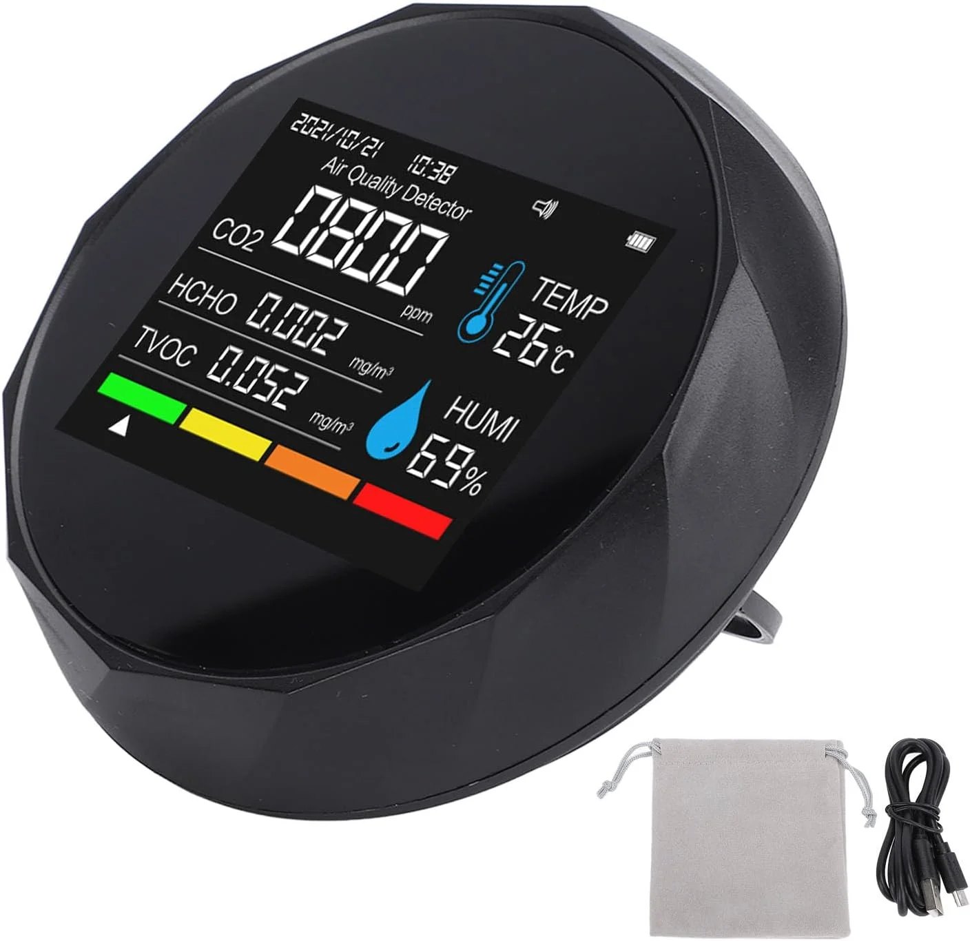 دستگاه تشخیص کیفیت هوای داخل خانه Luocute، سنسور دقیق 5 در 1 با قابلیت اتصال به بلوتوث و اپلیکیشن، دارای پایه مغناطیسی و قابل نصب روی دیوار، تستر کیفیت هوای قابل حمل برای HCHO PM2.5 دما و رطوبت