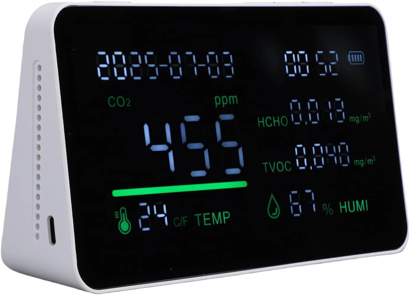 دستگاه سنجش کیفیت هوای داخل خانه Bewinner، تستر هوشمند قابل حمل 5 در 1، ردیاب دما و رطوبت CO2 TVOC HCHO با صفحه نمایش رنگی LCD، نظارت در زمان واقعی، با باتری