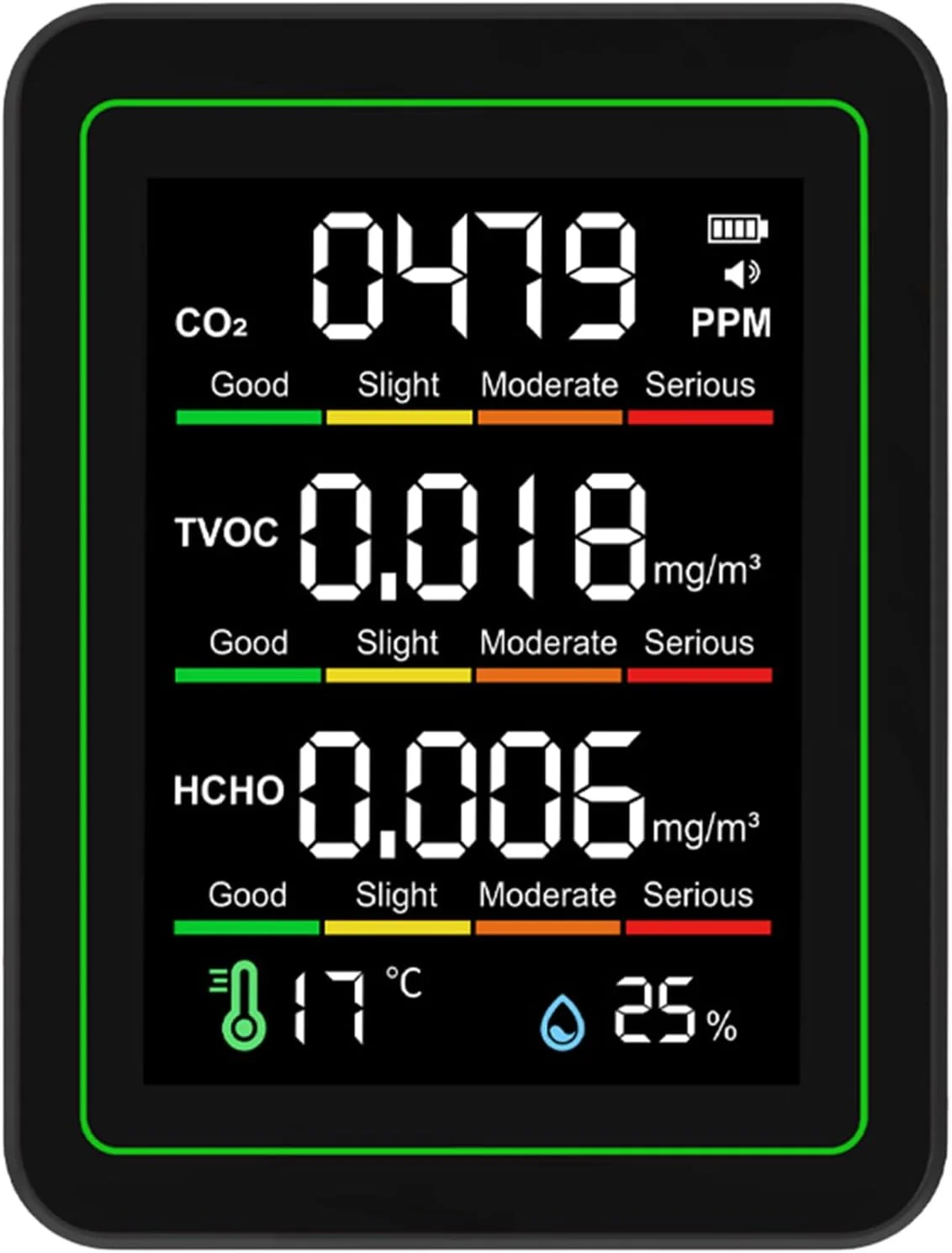 دستگاه سنجش کیفیت هوای داخل خانه 5 در 1، مانیتور CO2 TVOC HCHO دما و رطوبت (مشکی)