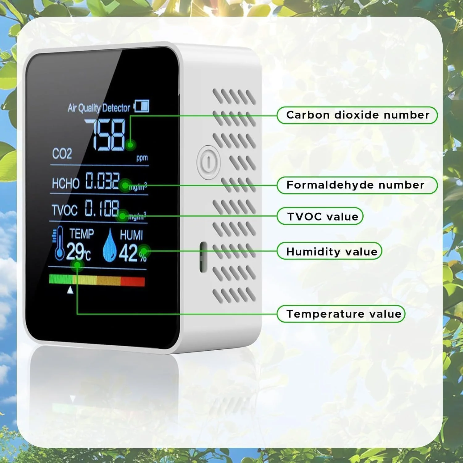 مانیتور کیفیت هوای داخل ساختمان، تستر هوشمند قابل حمل 5 در 1 برای CO2 | TVOC | HCHO | دما | رطوبت برای خانه، هتل، دفتر، ماشین، گیاهان و حیوانات خانگی و غیره (سفید)