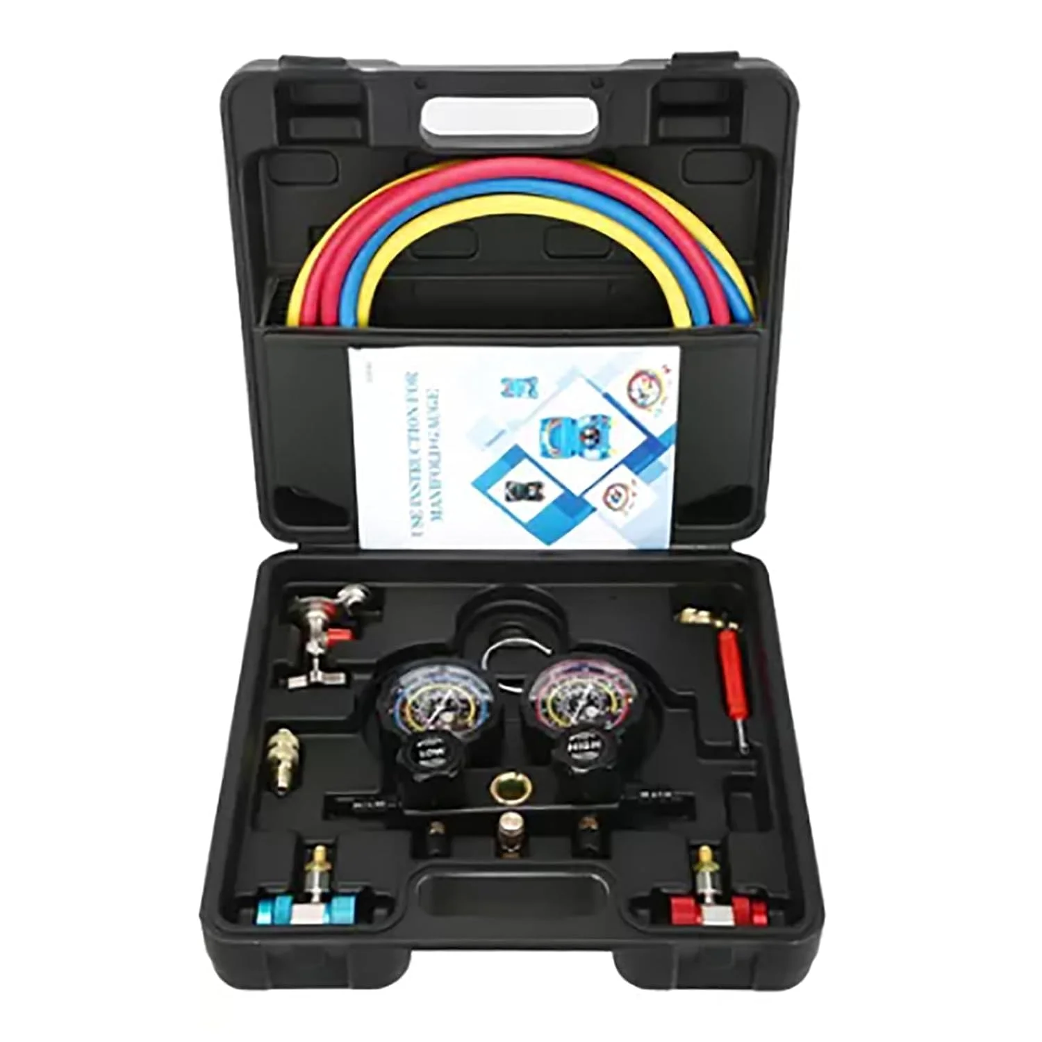 مجموعه گیج فشار تهویه مطبوع، کیت اندازه گیری مبرد قابل اعتماد R410A R22 R134a R404A، مانیفولد مبرد خودرو خانگی، جهانی و قابل حمل مجموعه گیج فشار تهویه مطبوع، کیت اندازه گیری مبرد قابل اعتماد R410A R22 R134a R404A، مانیفولد مبرد خودرو خانگی، جهانی و قابل حمل