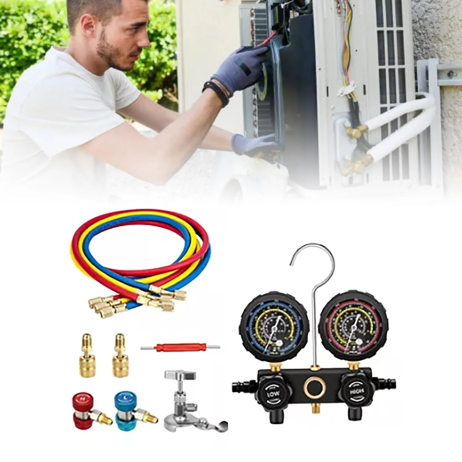مجموعه گیج فشار تهویه مطبوع، کیت اندازه گیری مبرد قابل اعتماد R410A R22 R134a R404A، مانیفولد مبرد خودرو خانگی، جهانی و قابل حمل