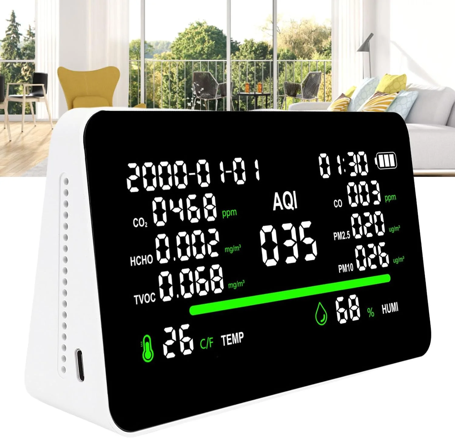 دستگاه سنجش کیفیت هوا 11 در 1 Fyearfly، رومیزی، تشخیص دهنده CO2 CO HCHO TVOC PM2.5 PM10، تست دما و رطوبت با نمایش تاریخ و زمان، مناسب برای دفتر و خانه