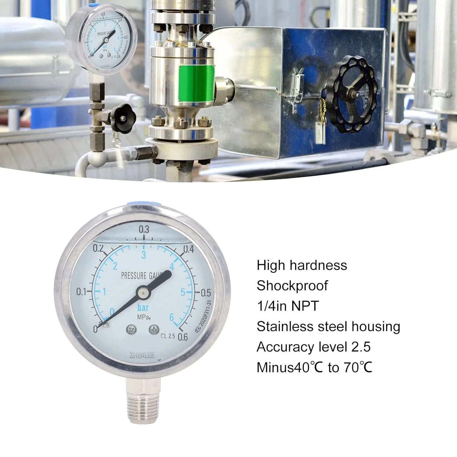 گیج فشار 1/4 NPT، گیج فشار استیل ضد زنگ، دقت 2.5٪، -40 درجه سانتیگراد تا 70 درجه سانتیگراد، برای هیدرولیک، روغن، آب، فشار هوا در کاربردهای صنعتی و خودرو (0~2.5 مگاپاسکال)