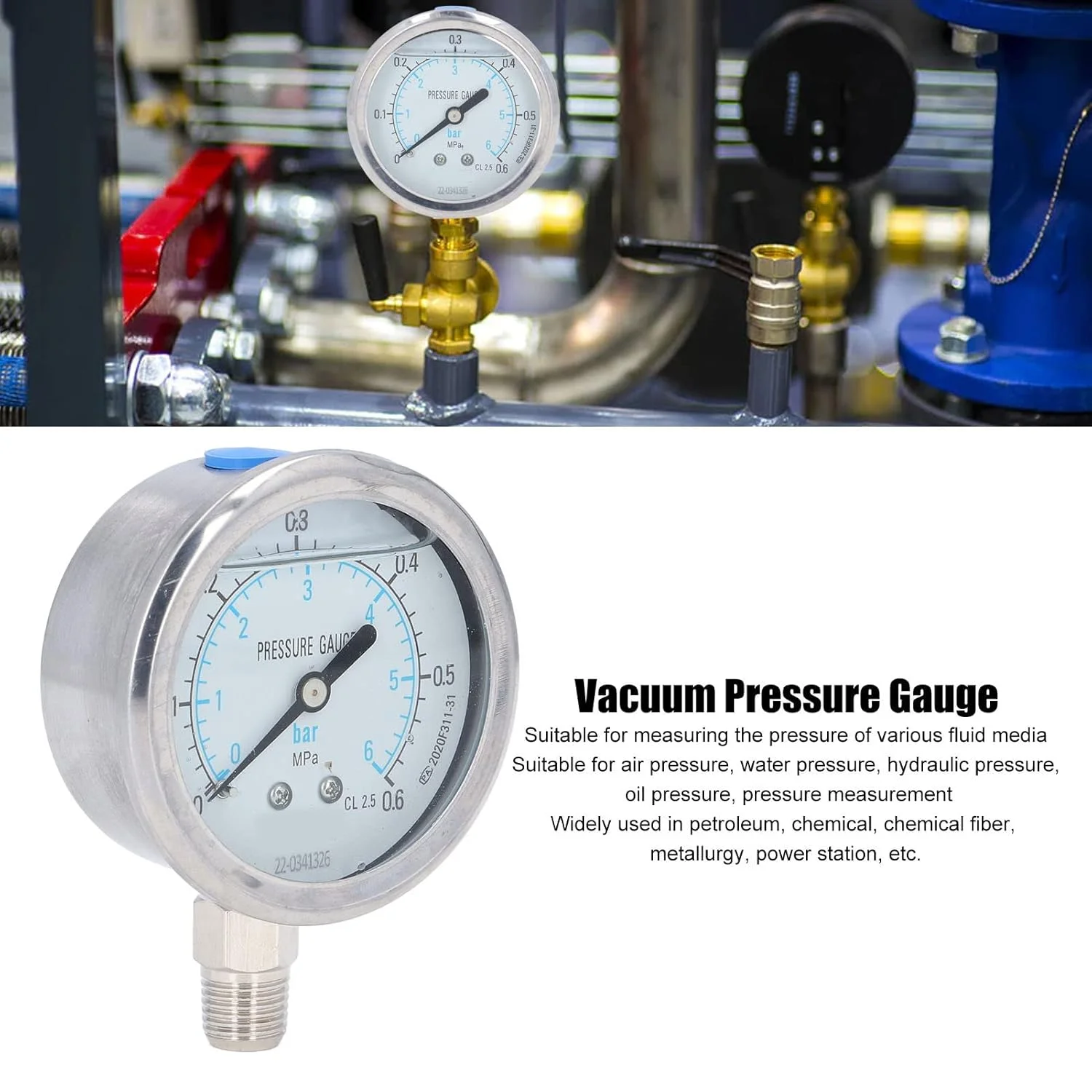 گیج فشار 1/4 NPT، گیج فشار استیل ضد زنگ، دقت 2.5٪، -40 درجه سانتیگراد تا 70 درجه سانتیگراد، برای هیدرولیک، روغن، آب، فشار هوا در کاربردهای صنعتی و خودرو (0~2.5 مگاپاسکال)