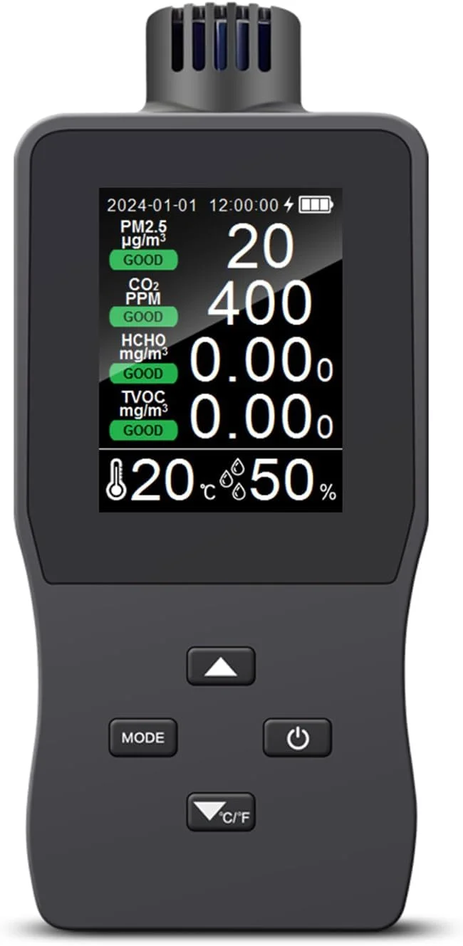دستگاه سنجش کیفیت هوا Domary، تستر کیفیت هوای داخلی HCHO/CO₂/TVOC/PM2.5/دما/رطوبت، سنسور با دقت بالا، مانیتور هوشمند کیفیت هوا با صفحه نمایش دارای نور پس زمینه، تست کننده فرمالدئید هوا