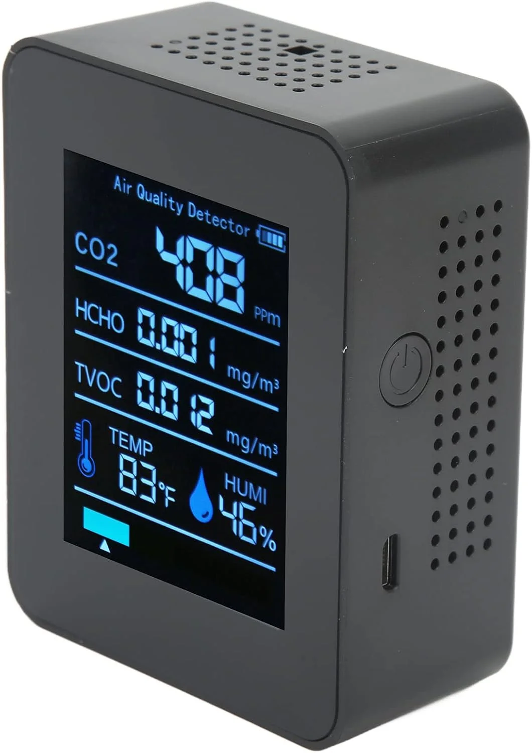 دستگاه تشخیص کیفیت هوا Domary 5 در 1، مانیتورینگ لحظه ای CO2 TVOC HCHO دما و رطوبت، دستگاه قابل حمل اندازه گیری دی اکسید کربن برای دفتر کار، منزل و سالن ورزشی (مشکی)