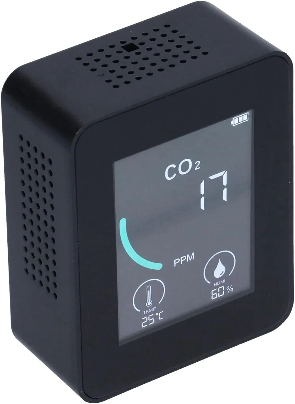 دستگاه تشخیص CO2 با صفحه نمایش LCD، قابل حمل، با قابلیت نمایش دما و رطوبت (مشکی)