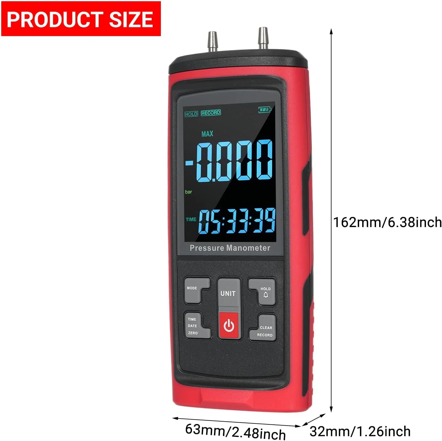 مانومتر دیجیتال Domary GT5101، تستر فشار گاز دو پورت مانومتر، فشارسنج هوای حرفه ای دستی، 13 واحد قابل انتخاب گیج فشار دیفرانسیل، با صفحه نمایش بزرگ LCD