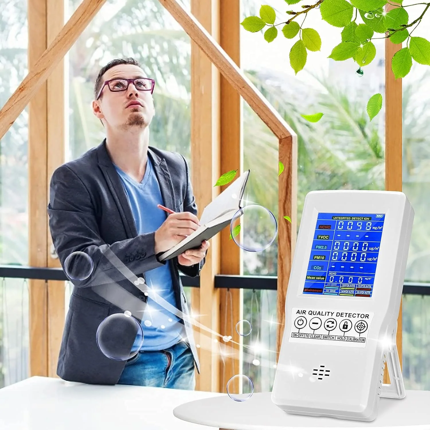 تستر کیفیت هوا DJGwsxu، صفحه نمایش کیفیت هوا حرفه ای چند منظوره خانگی، ابزار تست CO2/فرمالدئید/HCHO/TVOC/PM2.5/PM10 برای دفتر، خانه، باغ، خودرو