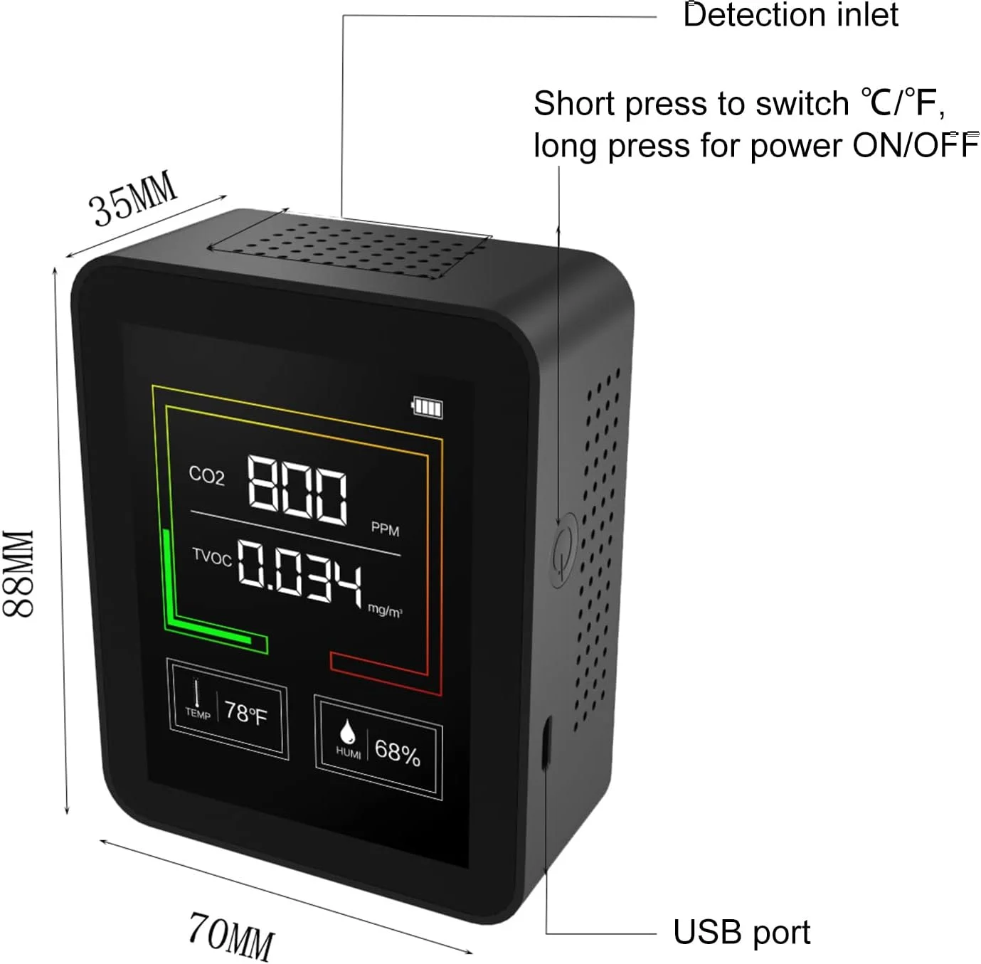دستگاه سنجش دی اکسید کربن، دما/رطوبت، کیفیت هوا، CO2 دیجیتال برای CO2/TVOC، کیت تست دقیق برای خانه و دفتر کار، زمان واقعی