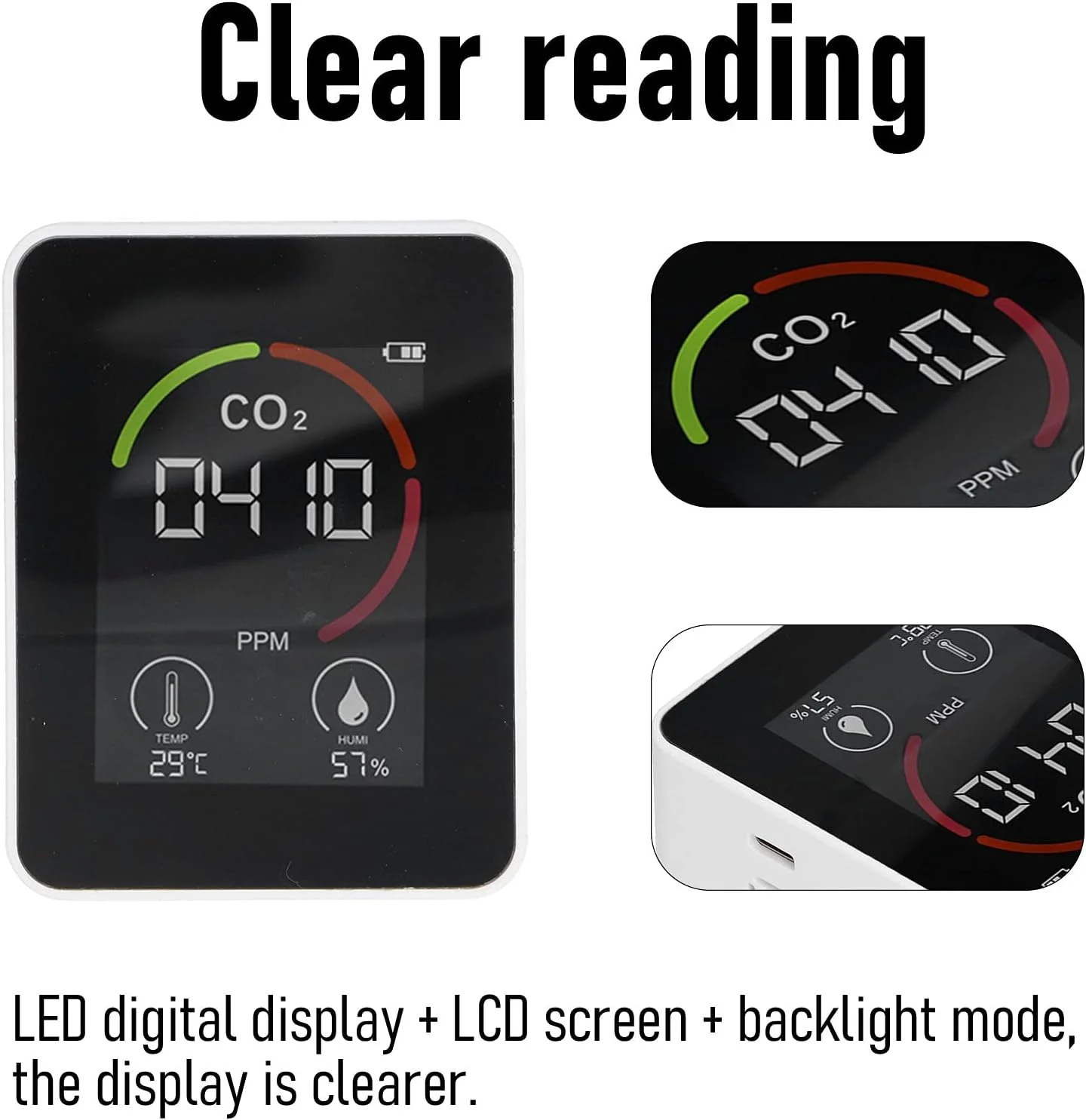 مانیتور کیفیت هوای دی اکسید کربن CO2 با شارژر USB و سنسور تشخیص کیفیت هوا به همراه دما و رطوبت برای خانه، دفتر، باشگاه و خودرو (سفید)