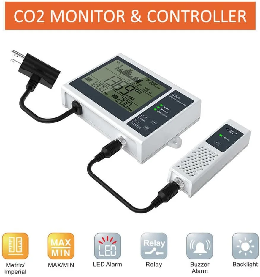 کنترلر دی اکسید کربن، مانیتور CO2 با سنسور NDIR 15 فوتی، کنترلر دیجیتال CO2 برای سیستم های هیدروپونیک، گلخانه، اتاق های رشد، کارخانه، خانه، دفتر