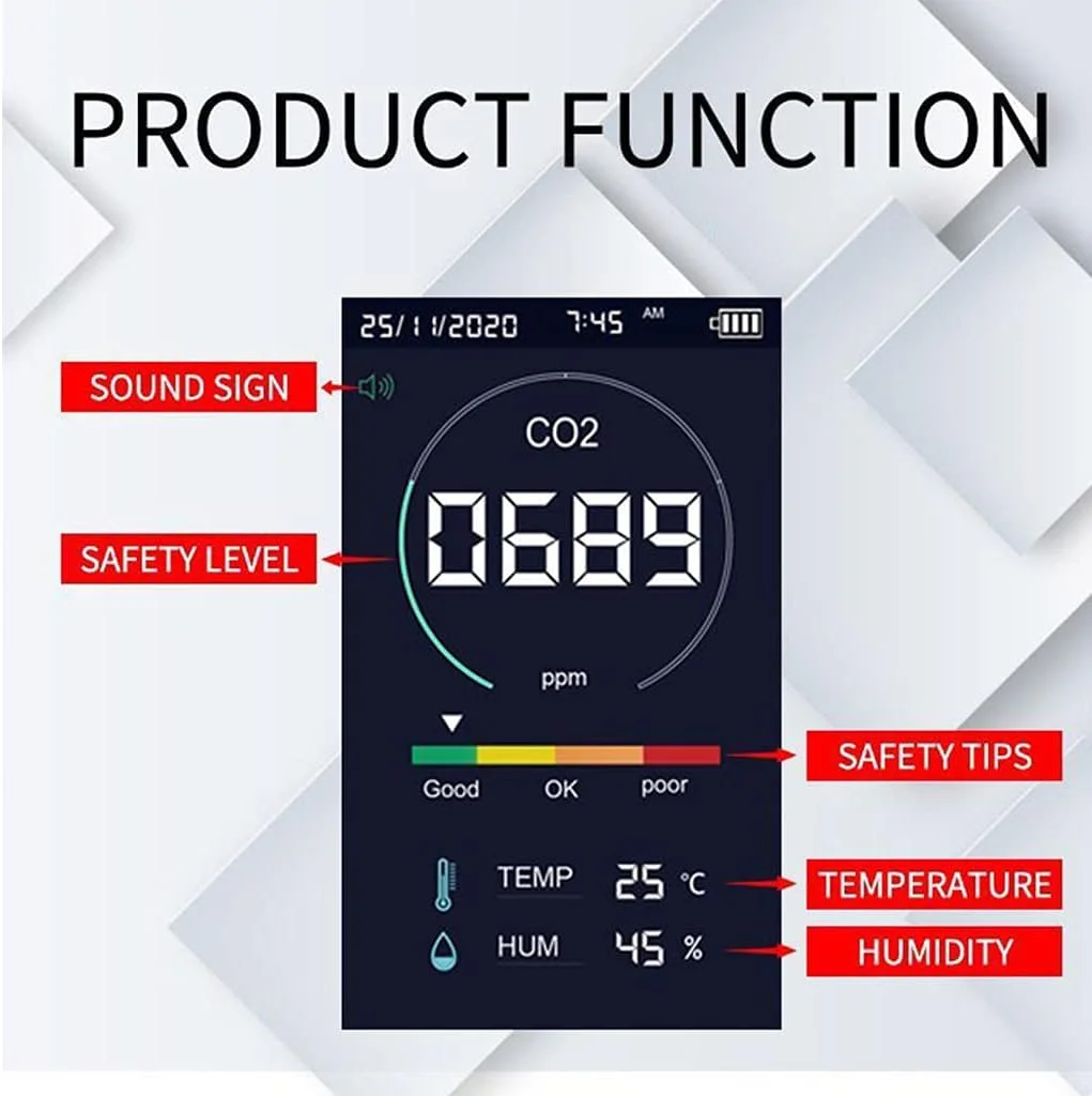 صفحه نمایش هوا، دستگاه سنجش دی اکسید کربن، سنسور دما و رطوبت دیجیتال، صفحه نمایش کیفیت هوا، دی اکسید کربن، TVOC، فرمالدئید، آشکارساز HCHO
