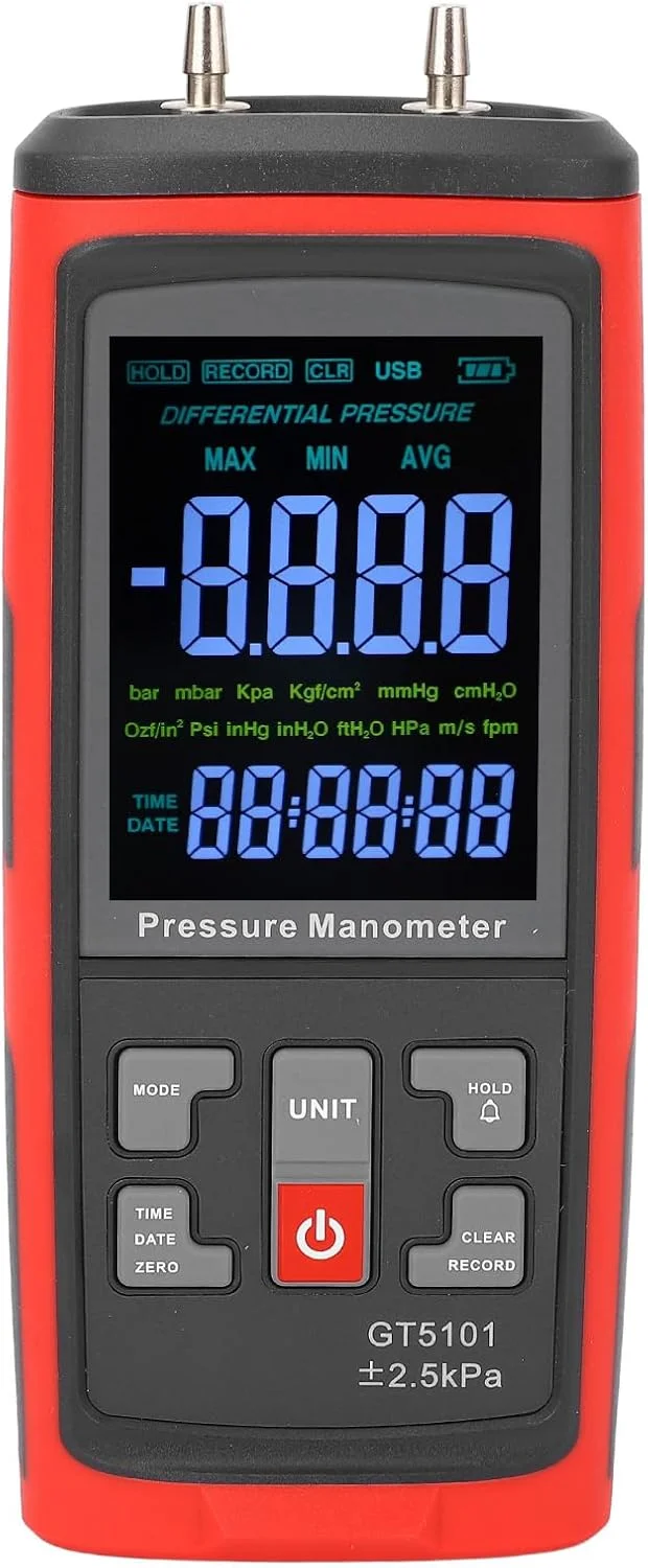 مانومتر دیجیتال، فشارسنج حرفه ای هوا و گاز، تستر فشار هوا و گاز با صفحه نمایش LCD با نور پس زمینه، فشار دیفرانسیل دو پورت با دقت بالا