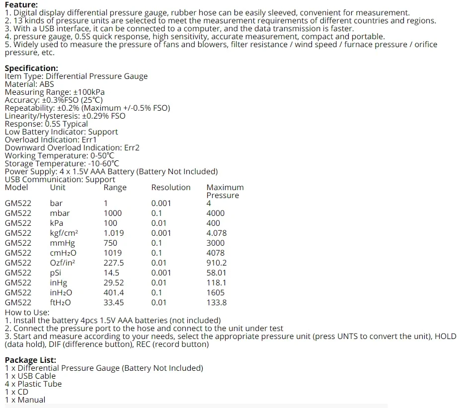 مانومتر فشار دستی دیجیتال GM522