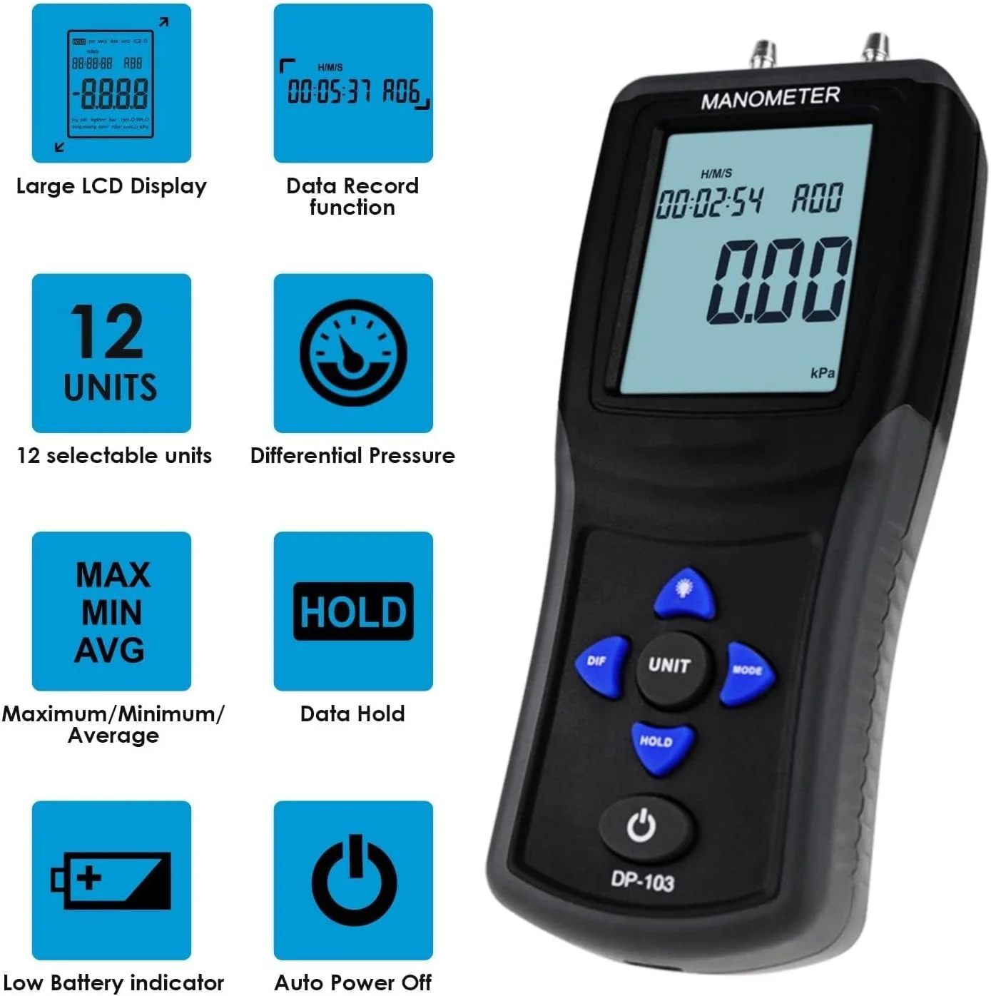 فشارسنج دیجیتال تست فشار گاز، 12 واحد فشارسنج حرفه ای HVAC ابزار تست فشار هوا، فشارسنج ابزار تست جریان هوای HVAC با نور پس زمینه صفحه نمایش LCD بزرگ برای خانه و RV