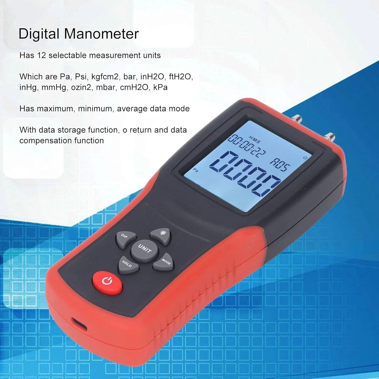 مانومتر دیجیتال با نمایشگر LCD و 12 واحد اندازه گیری، چند منظوره