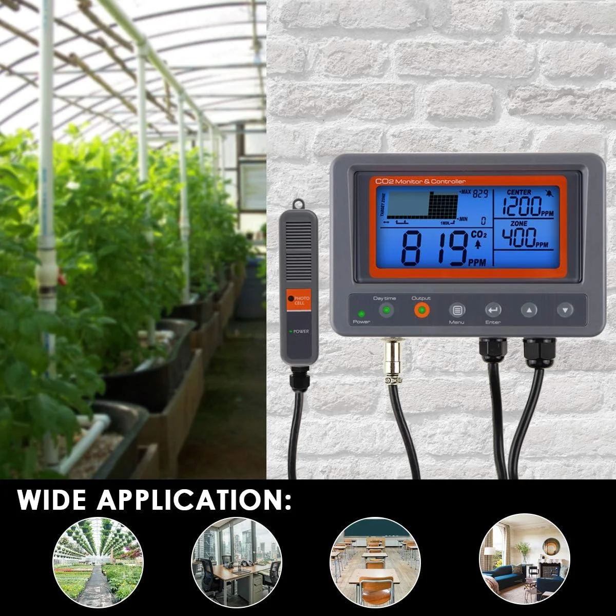 مانیتور کنترلر دیجیتال دی اکسید کربن CO2 IAQ با عملکرد رله و کابل 45 متری NDIR برای خانه، دفتر، کارخانه و گلخانه مانیتور کنترلر دیجیتال دی اکسید کربن CO2 IAQ با عملکرد رله و کابل 45 متری NDIR برای خانه، دفتر، کارخانه و گلخانه