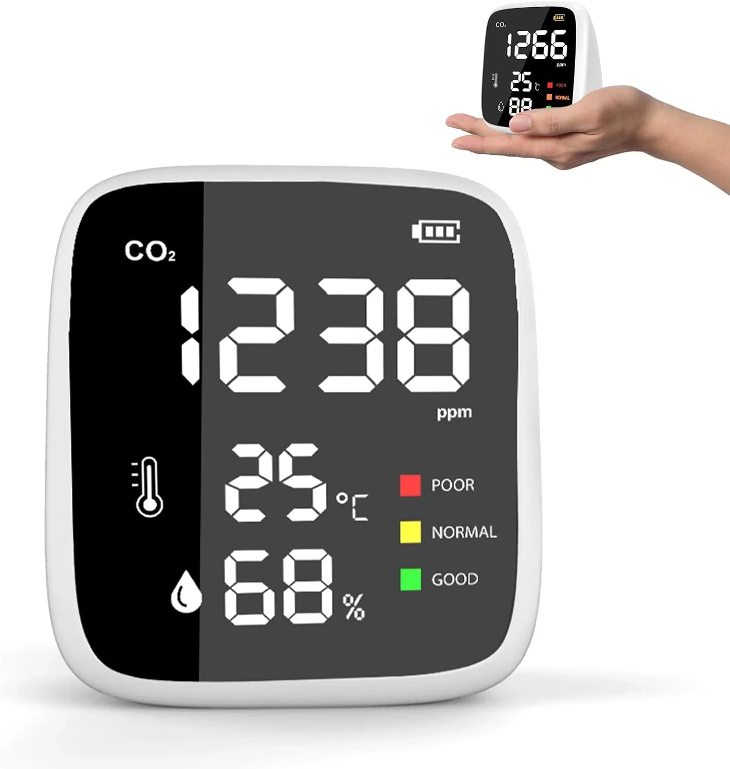 مانیتور دی اکسید کربن Dienmern، ردیاب فشرده CO2، سنسور NDIR 400-5000 PPM، مانیتور کیفیت هوا، دستگاه سنجش CO2، مانیتور دما و رطوبت، آلارم CO2 داخلی، 1600mah