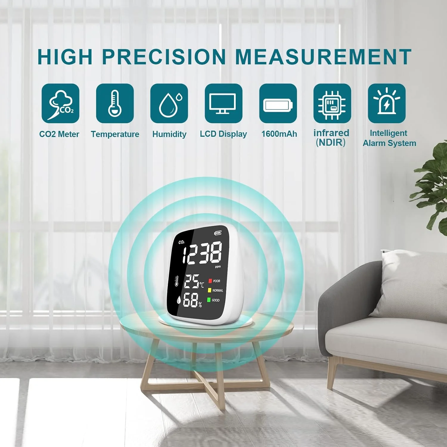 مانیتور دی اکسید کربن Dienmern، ردیاب فشرده CO2، سنسور NDIR 400-5000 PPM، مانیتور کیفیت هوا، دستگاه سنجش CO2، مانیتور دما و رطوبت، آلارم CO2 داخلی، 1600mah