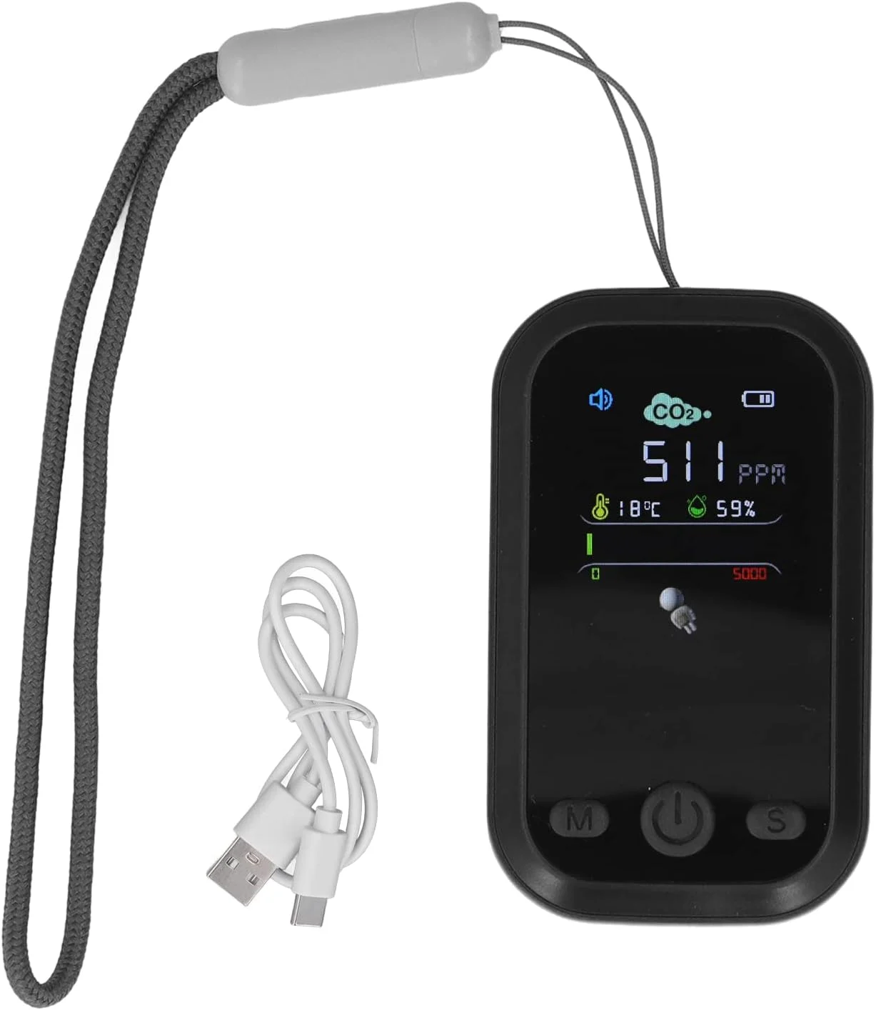 دستگاه تشخیص CO2 با صفحه نمایش IPS نوع C، تستر دما و رطوبت با سنسور مادون قرمز NDIR برای کارخانه‌ها، خانواده‌ها و نظارت بر کیفیت هوا (مشکی)