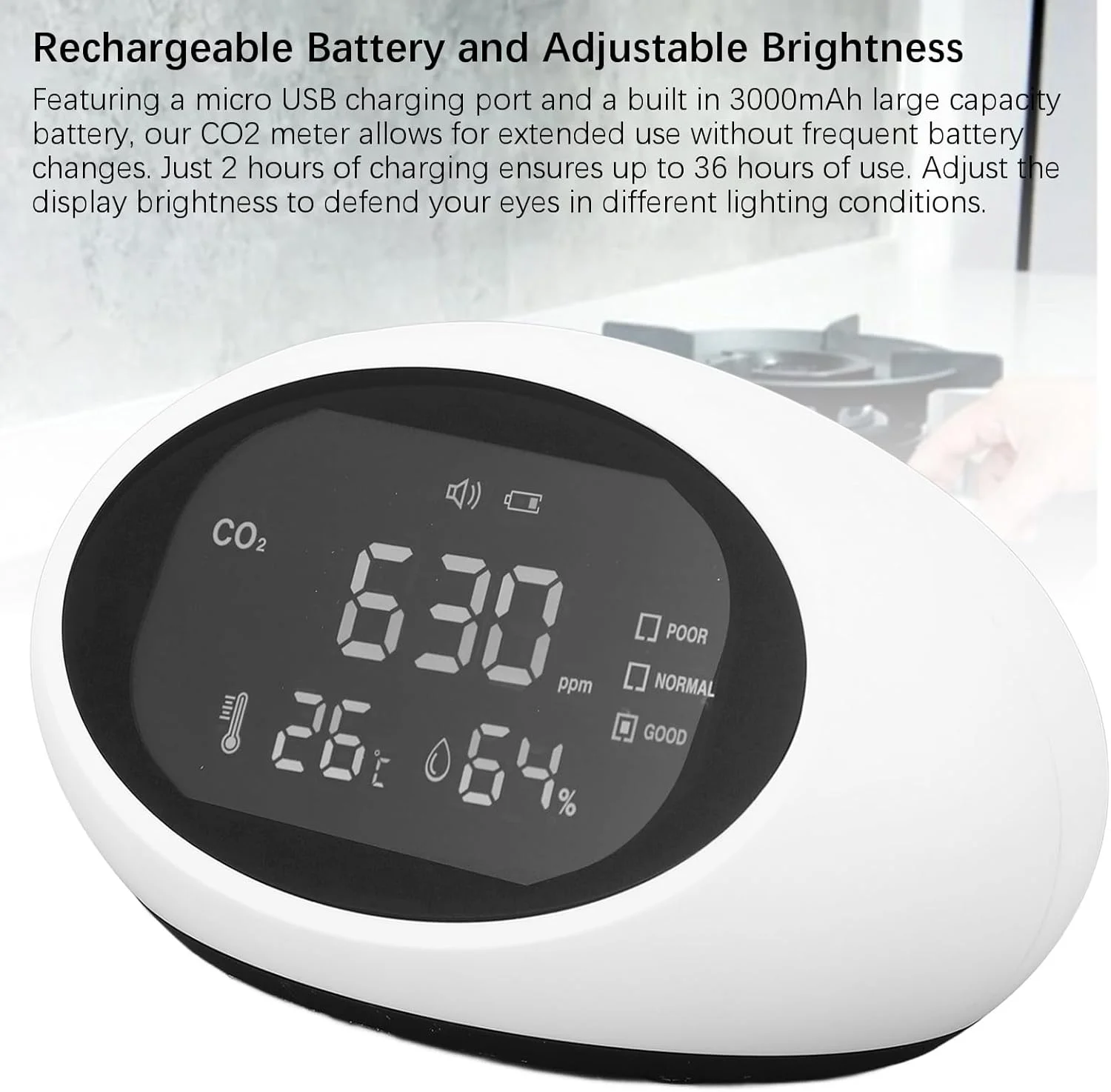 دستگاه سنجش CO2، دماسنج ردیاب CO2، رطوبت سنج، صفحه نمایش LCD HD با دقت بالا، ردیاب قابل حمل دی اکسید کربن قابل شارژ، دستگاه های اندازه گیری کیفیت هوای داخل ساختمان