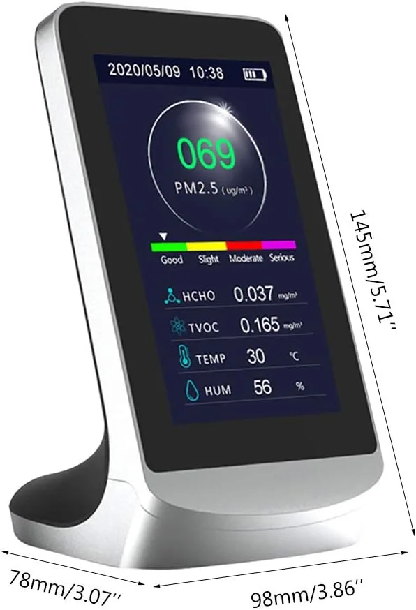 مانیتور کیفیت هوا دیجیتال LCD 4.3 اینچی، سنجش PM 2.5/1.0/10، آشکارساز گاز HCHO/TVOC، دماسنج و رطوبت سنج، حسگر تست آلودگی هوا با عملکرد ثبت تاریخچه
