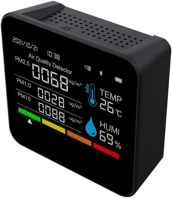 دستگاه سنجش کیفیت هوا 9 در 1 BT، دتکتور دی اکسید کربن، نمایش زمان/تاریخ، CO2، TVOC، HCHO، PM2.5، PM1.0، PM10، دما، رطوبت، پشتیبانی از کنترل برنامه با عملکرد هشدار برای خانه، دفتر، ماشین دستگاه سنجش کیفیت هوا 9 در 1 BT، دتکتور دی اکسید کربن، نمایش زمان/تاریخ، CO2، TVOC، HCHO، PM2.5، PM1.0، PM10، دما، رطوبت، پشتیبانی از کنترل برنامه با عملکرد هشدار برای خانه، دفتر، ماشین