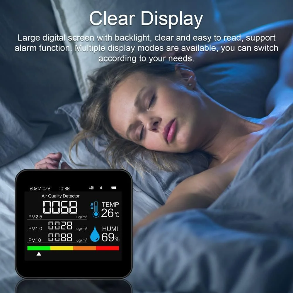 دستگاه سنجش کیفیت هوا 9 در 1 BT، دتکتور دی اکسید کربن، نمایش زمان/تاریخ، CO2، TVOC، HCHO، PM2.5، PM1.0، PM10، دما، رطوبت، پشتیبانی از کنترل برنامه با عملکرد هشدار برای خانه، دفتر، ماشین