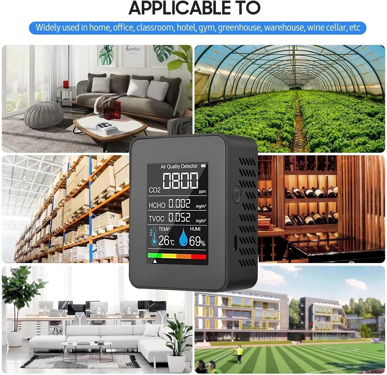 مانیتور کیفیت هوا LCD مشکی، ردیاب دی اکسید کربن CO2، تشخیص لحظه ای TVOC HCHO دما و رطوبت