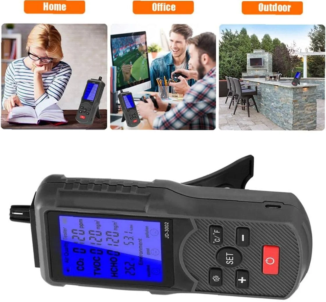 دستگاه تشخیص کیفیت هوا مدل JD-3002 با قابلیت اندازه گیری دما و رطوبت به همراه صفحه نمایش LCD، رنگ مشکی دستگاه تشخیص کیفیت هوا مدل JD-3002 با قابلیت اندازه گیری دما و رطوبت به همراه صفحه نمایش LCD، رنگ مشکی
