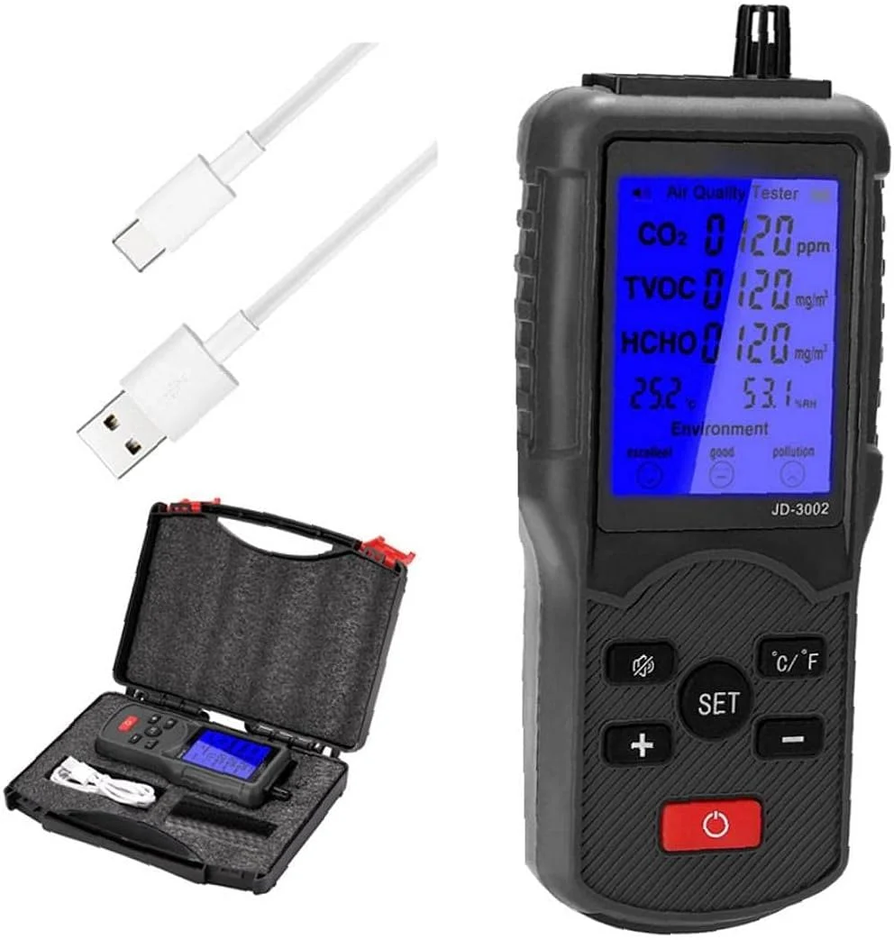 دستگاه تشخیص کیفیت هوا مدل JD-3002 با قابلیت اندازه گیری دما و رطوبت به همراه صفحه نمایش LCD، رنگ مشکی دستگاه تشخیص کیفیت هوا مدل JD-3002 با قابلیت اندازه گیری دما و رطوبت به همراه صفحه نمایش LCD، رنگ مشکی