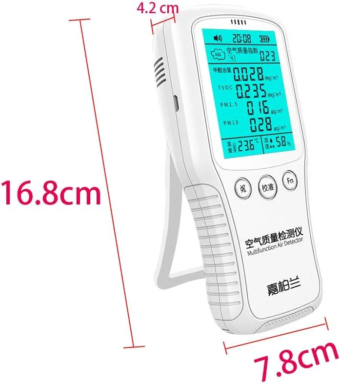 دستگاه تشخیص AQI، مانیتور کیفیت هوا قابل شارژ PM2.5 PM10 CO2 فرمالدهید (HCHO) TVOC صفحه نمایش دیجیتال آنالیزور گاز چندگانه