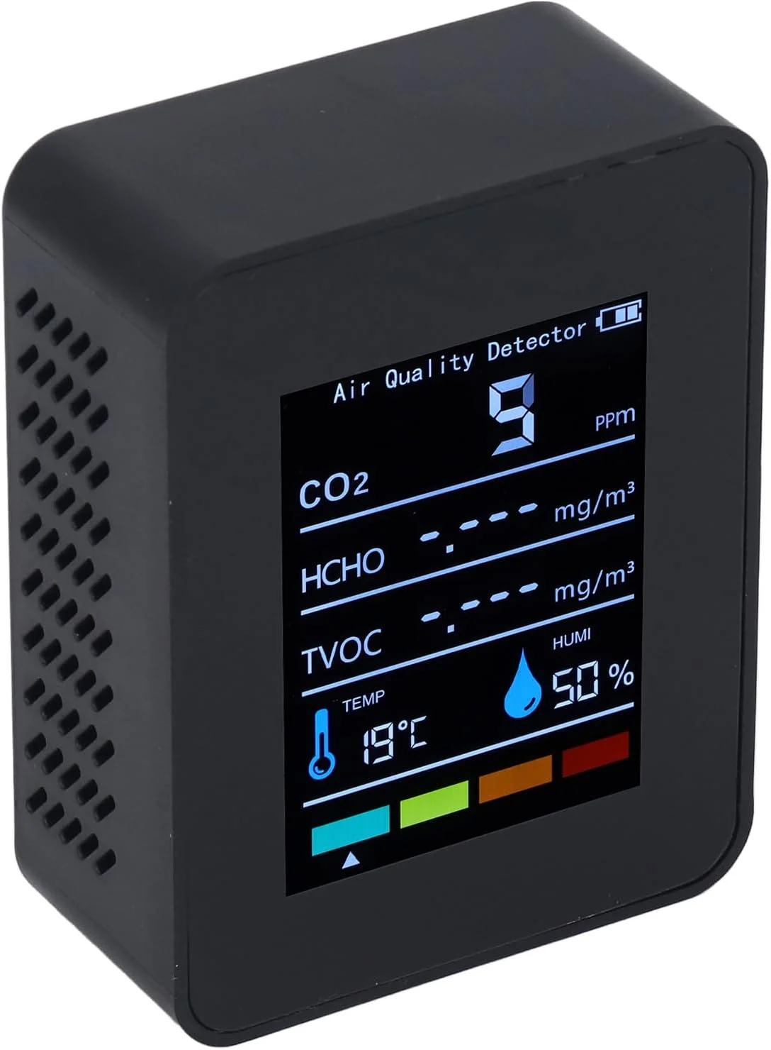 دستگاه تشخیص کیفیت هوا 5 در 1 CO2، مانیتور کیفیت هوا، قابل حمل، LCD، TVOC، HCHO، سنسور دما و رطوبت، صفحه نمایش تستر رنگی با نور پس زمینه، مشکی