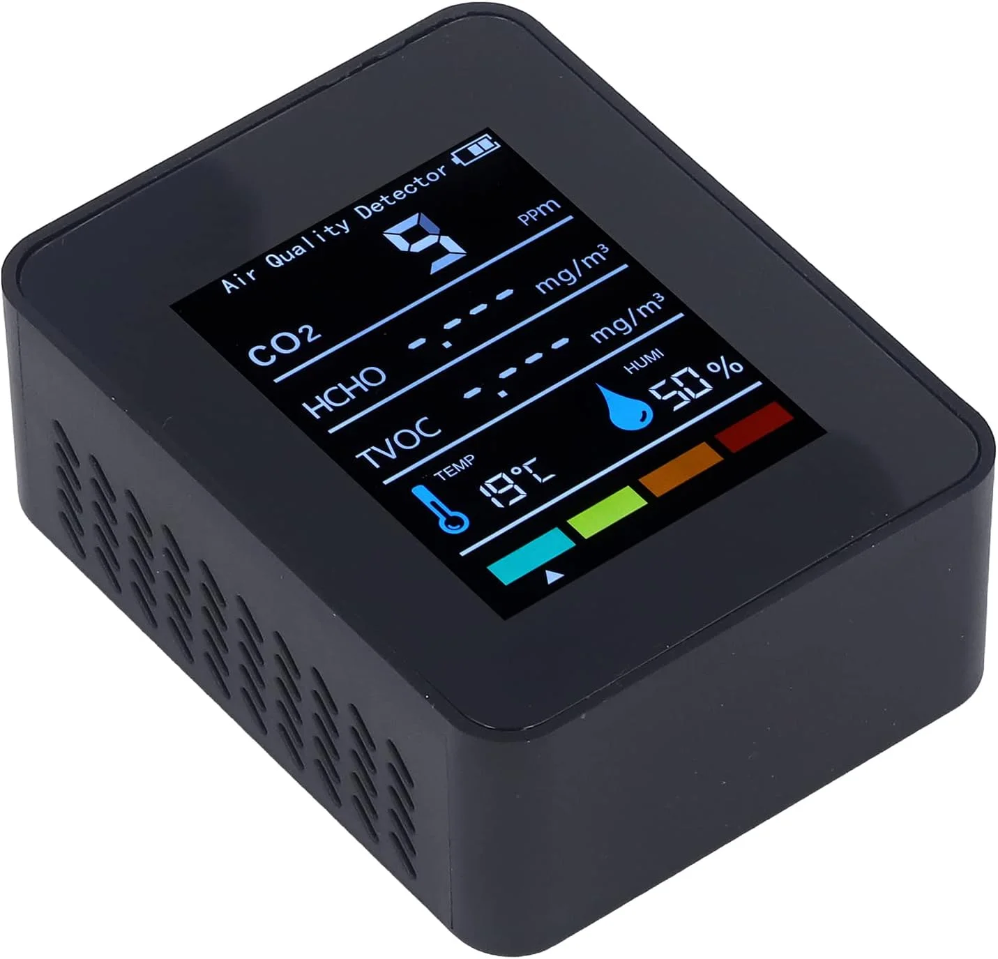 دستگاه تشخیص کیفیت هوا 5 در 1 CO2، مانیتور کیفیت هوا، قابل حمل، LCD، TVOC، HCHO، سنسور دما و رطوبت، صفحه نمایش تستر رنگی با نور پس زمینه، مشکی