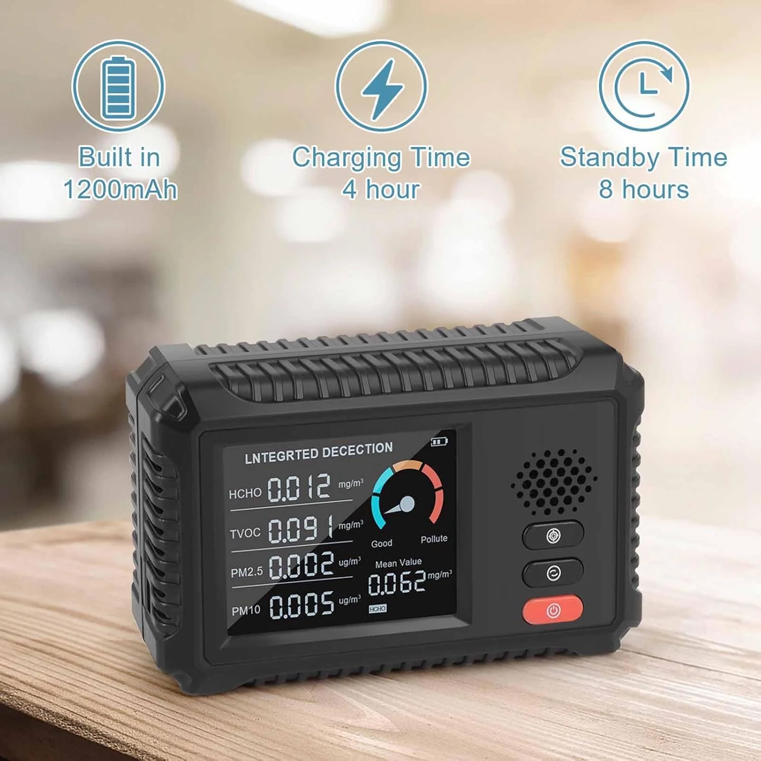 دستگاه تشخیص کیفیت هوا، HCHO TVOC PM2.5 PM10 4 در 1 قابل حمل، صفحه نمایش بزرگ LCD داخلی، تستر کیفیت برای خانه، ماشین، کمپینگ، حسگرهای نیمه هادی هوشمند، قرائت دقیق