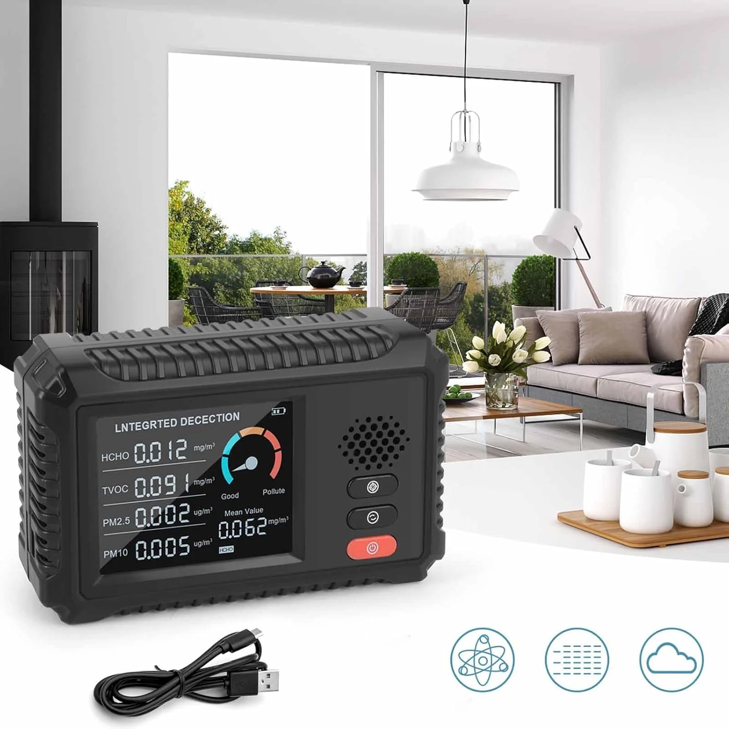 دستگاه تشخیص کیفیت هوا، HCHO TVOC PM2.5 PM10 4 در 1 قابل حمل، صفحه نمایش بزرگ LCD داخلی، تستر کیفیت برای خانه، ماشین، کمپینگ، حسگرهای نیمه هادی هوشمند، قرائت دقیق