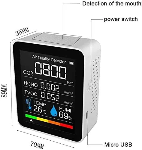 دستگاه تشخیص گاز 3 در 1، آشکارساز کیفیت هوای قابل حمل، دماسنج و رطوبت سنج دیجیتال برای خانه، خودرو، مزرعه در فضای باز (رنگ: سفید)