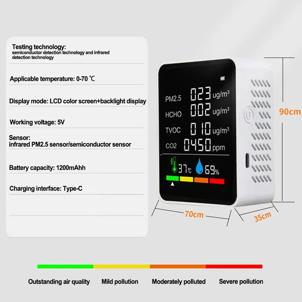دستگاه تشخیص CO2، دستگاه سنجش 6 در 1 C02 PM2.5 HCHO TVOC CO2 چند منظوره کیفیت هوا برای خانه، دفتر، محل کار، هتل سفید دستگاه تشخیص CO2، دستگاه سنجش 6 در 1 C02 PM2.5 HCHO TVOC CO2 چند منظوره کیفیت هوا برای خانه، دفتر، محل کار، هتل سفید
