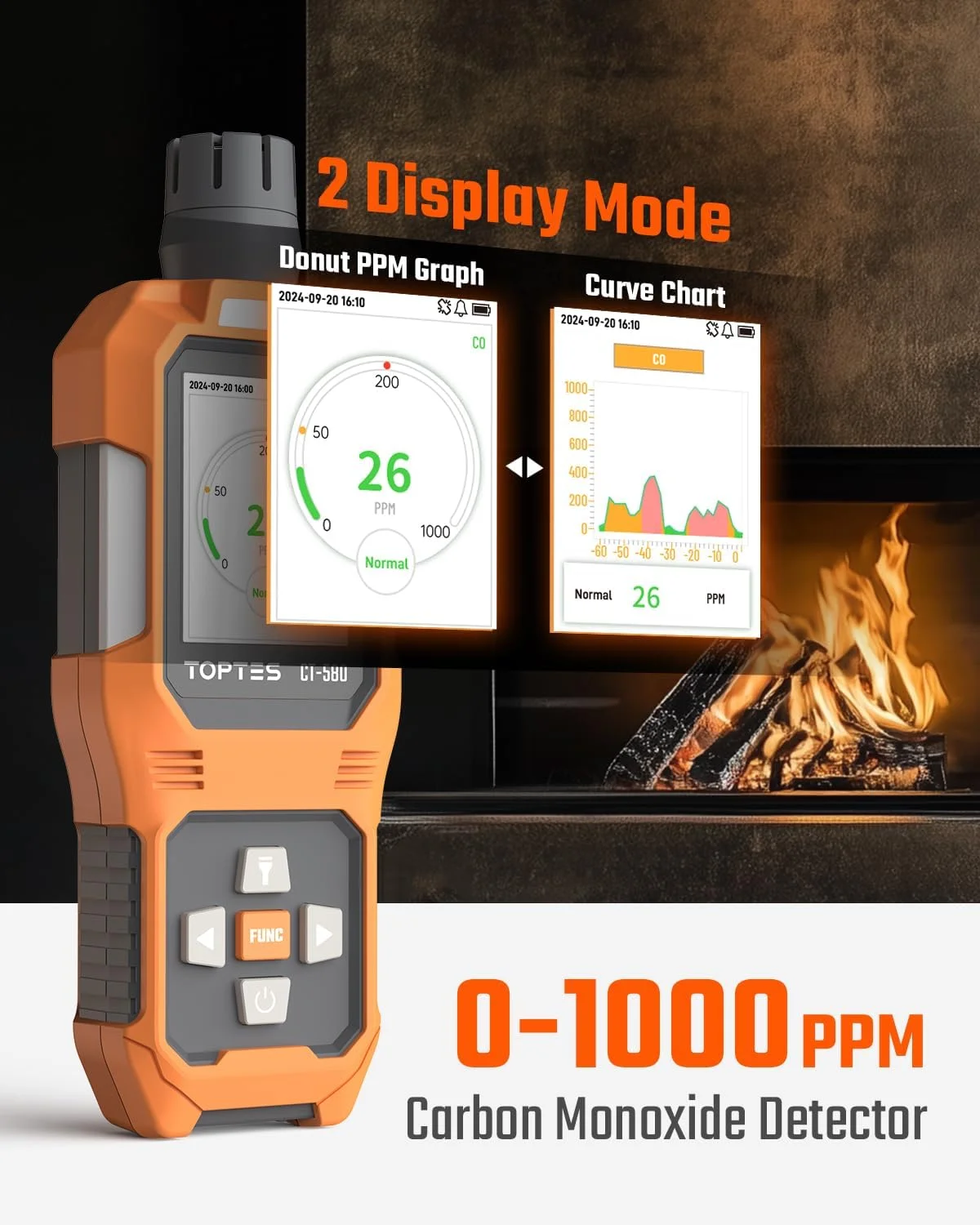 آشکارساز مونوکسید کربن TOPTES CT-580، آشکارساز CO قابل شارژ با آلارم لرزشی، بصری و صوتی، آلارم CO قابل حمل، 0-1000PPM برای خانه، ماشین، کمپینگ و مسافرت